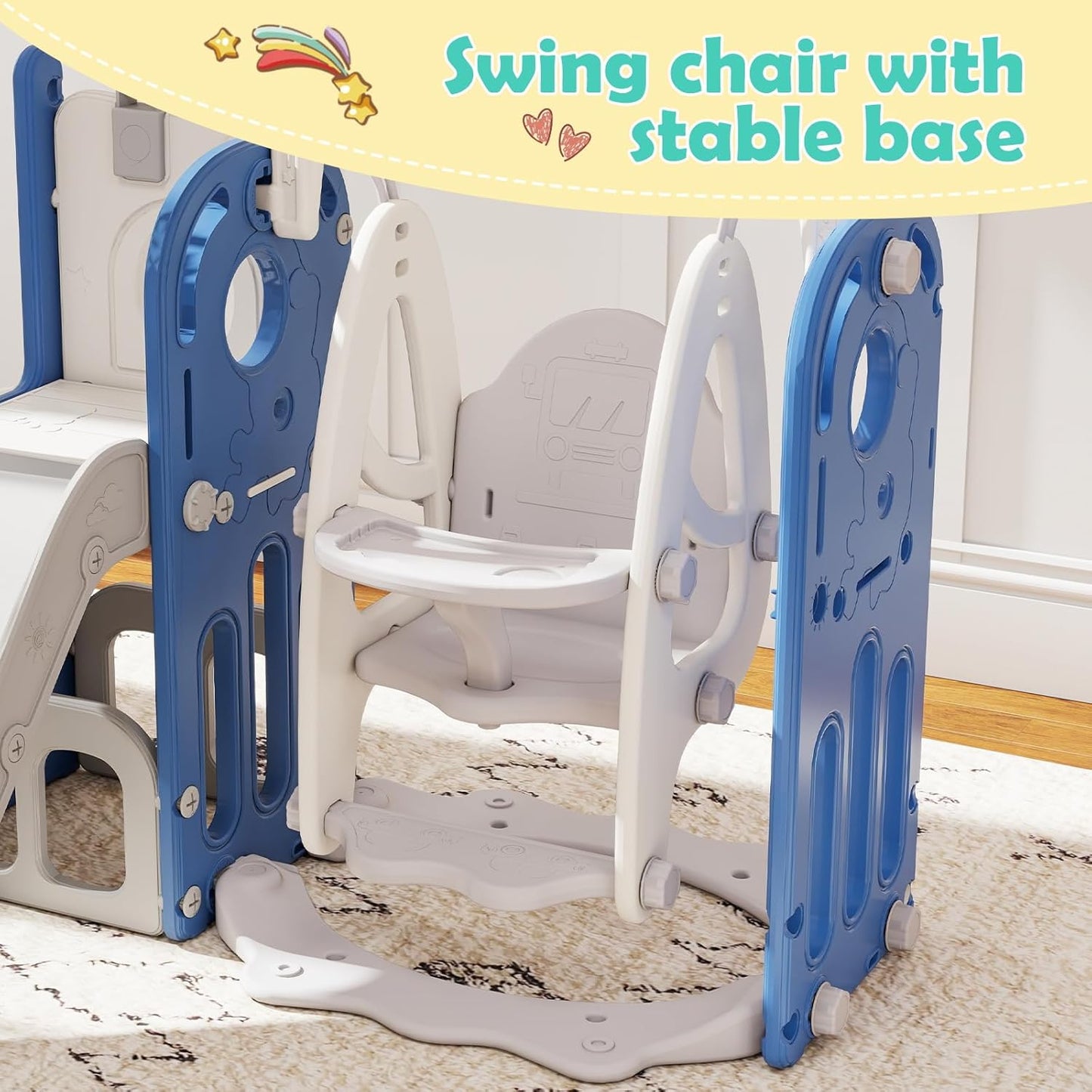 kinbor 6 in 1 Toddler Slide PlaySet - Indoor Outdoor Fun for Kids Ages 1-3, Includes Basketball Hoop, Telescope, Storage & Climber, Safe, Sturdy Baby Slide for Backyard Playground, Blue