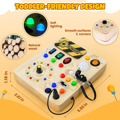 Busy Board with Led Light, Montessori Toys for 1-3 Years Old Boys Girls Wooden Toddler Toys Birthday Gift Educational Toys for 1+ Year Old, Toddler Travel Toy Sensory Toys for Kids with Autism