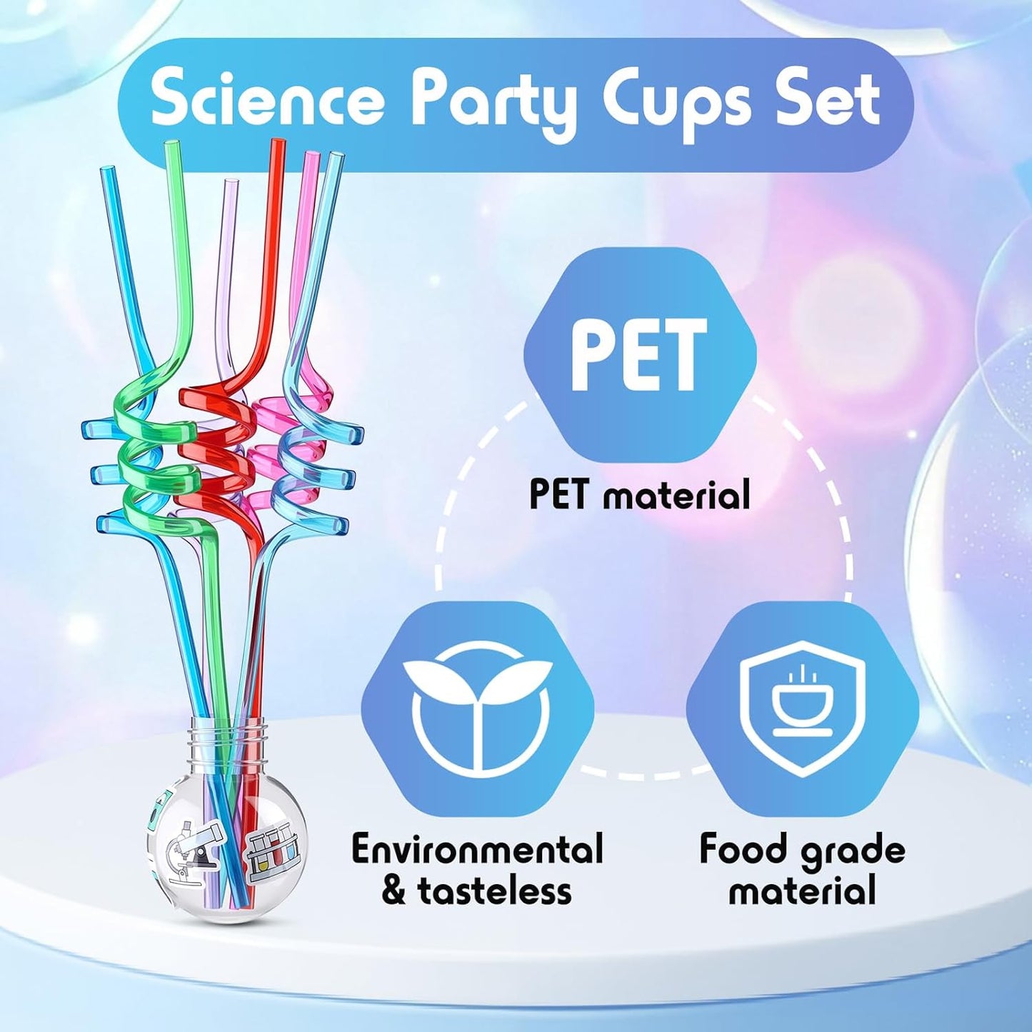 Jingmore 36 Pcs Science Party Theme Cups Set with Silly Loop Straws Science Stickers Plastic Reusable Small Conical Flask Bottles Test Tubes for Birthday Party Decorations(Spherical Bottles)