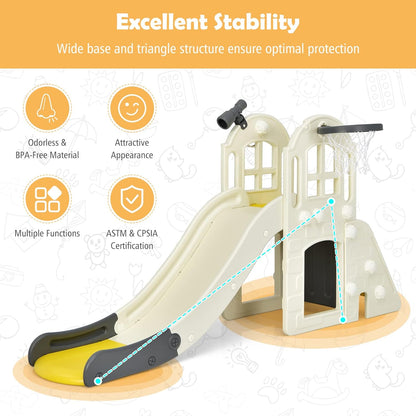 BABY JOY Toddler Slide, 6-in-1 Indoor Kids Slide Playset with Basketball Hoop, Telescope, Climbing Ladder & Storage Space, Freestanding Playhouse & Climber for Kids Aged 1-3 (Pink)