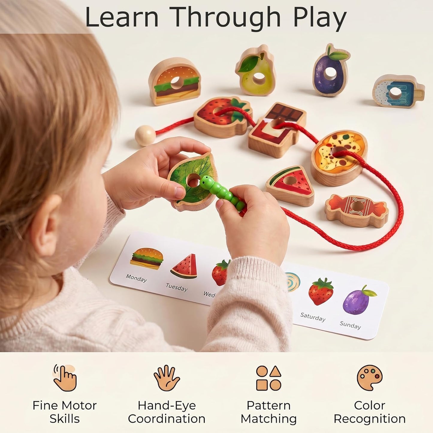 Wooden Caterpillar Lacing Toy, 18 PCS Fruit Vegetable Food Threading Beads with Pattern Cards, Montessori Fine Motor Skills Toy for Toddlers 3+ Preschool Learning Gift