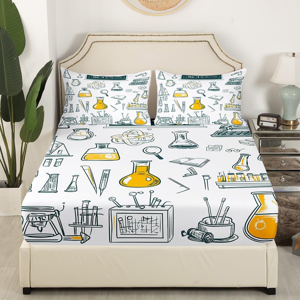 Erosebridal Chemistry Lab Fitted Sheet Twin Size Chemical Equation Bed Sheets for Boys Girls Chemical Elements Science Theme Bed Set Teens Kids Science Students Bedding Set School Dorm Room Decor
