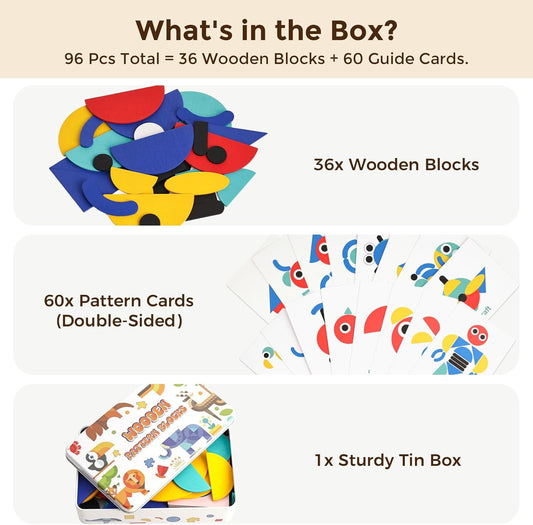 LovesTown Wooden Pattern Blocks Montessori Toys for Toddler Kids Open Ended Shape Puzzles Educational Tangram Preschool Learning Toy with 60 Cards 36 PCS