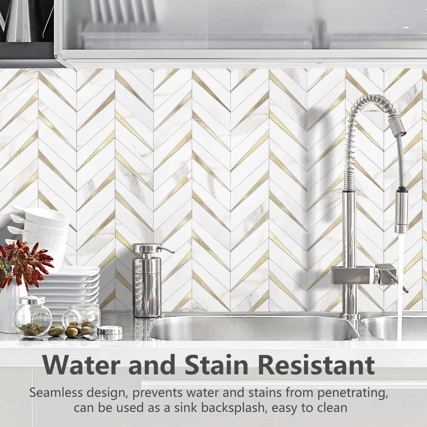 STICKGOO 10-Sheet Herringbone Tile Peel and Stick Backsplash, Beige Mixed Metal Gold PVC Stick on Backsplash, Self Adhesive Wall Tile for Kitchen and Bathroom