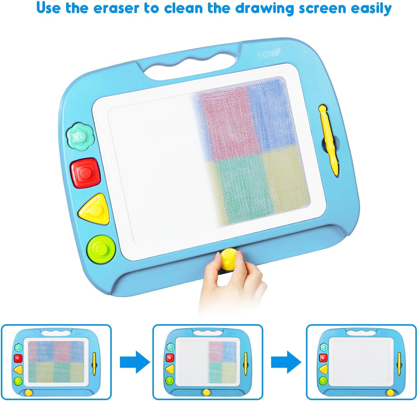 SGILE Toddler Toys for Kids, Large Magnetic Drawing Board for Birthday Gift, Toys for 1 2 3 4 Year Old Girls Boys, Etch & Sketch Pad with 4 Stamps, Learning and Educational, 16 ×13 in, Blue
