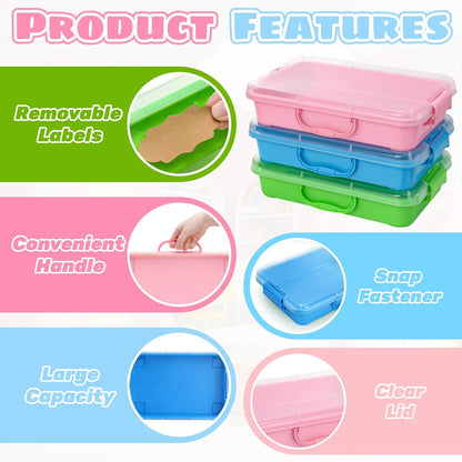 3 Pack Plastic Sensory Bins, Portable Clear Lid Sandbox Container with Handle 15 Stickers, Large Sand Water Play Tray Crafts Organizers for Sand, Water, Beads (Blue, Green, Pink)