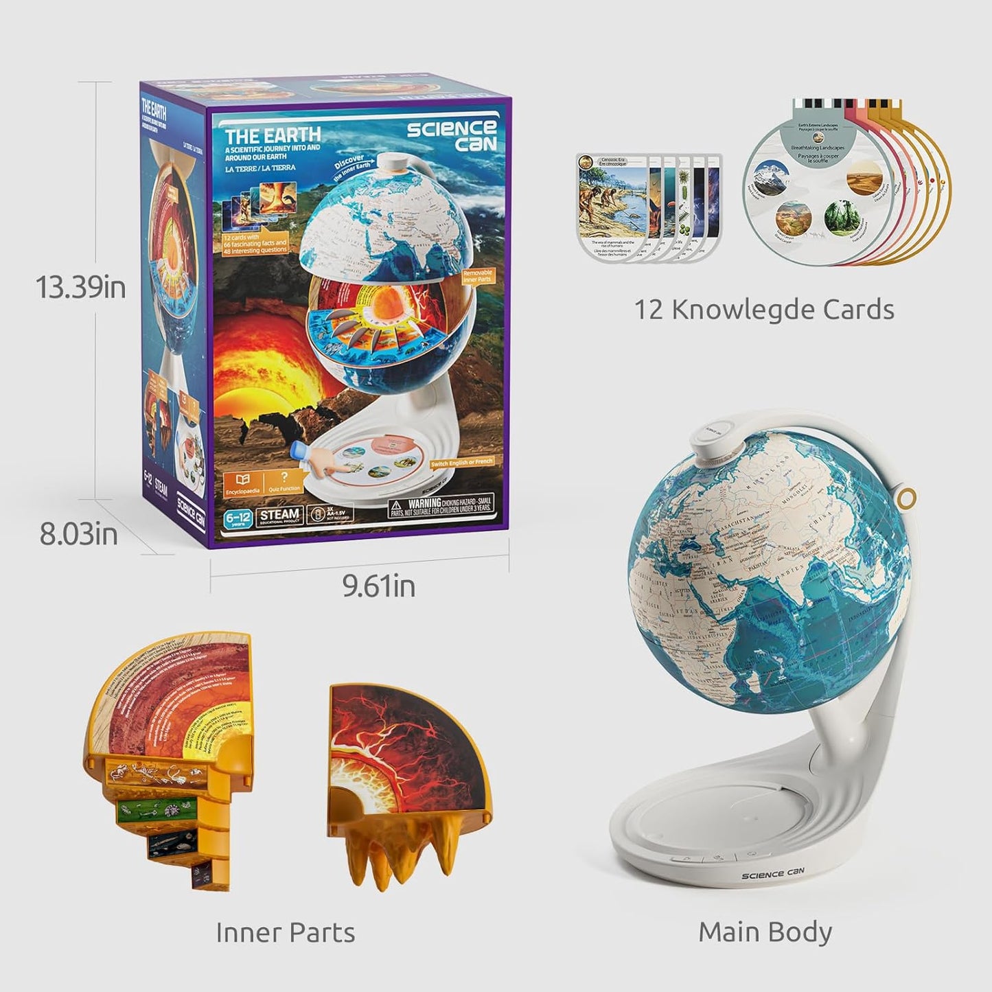 Science Can Openable Globe for Kids, 8 Inch Interactive World Globe, Talking Model with Knowledge & Quiz Mode, Bilingual STEM Toys for Ages 8-13, Educational Birthday Gifts for Boys & Girls Ages 6+