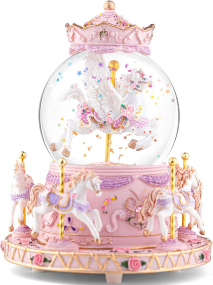 Magical Unicorn Snow Globe with “Somewhere Over the Rainbow” Music, Rotating Carousel Music Box, LED Lights & Glitter Snow, Perfect Birthday, Xmas, Valentine’s Gift, for Girls, Kids & Unicorn Lovers