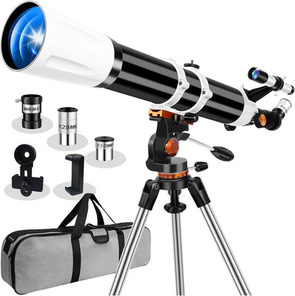 Telescope for Adults High Powered 90mm Aperture 800mm (32X-240X), Refractor Telescopes for Astronomy Beginners with AZ Mount Tripod, Phone Adapter, Carry Bag (80090white)