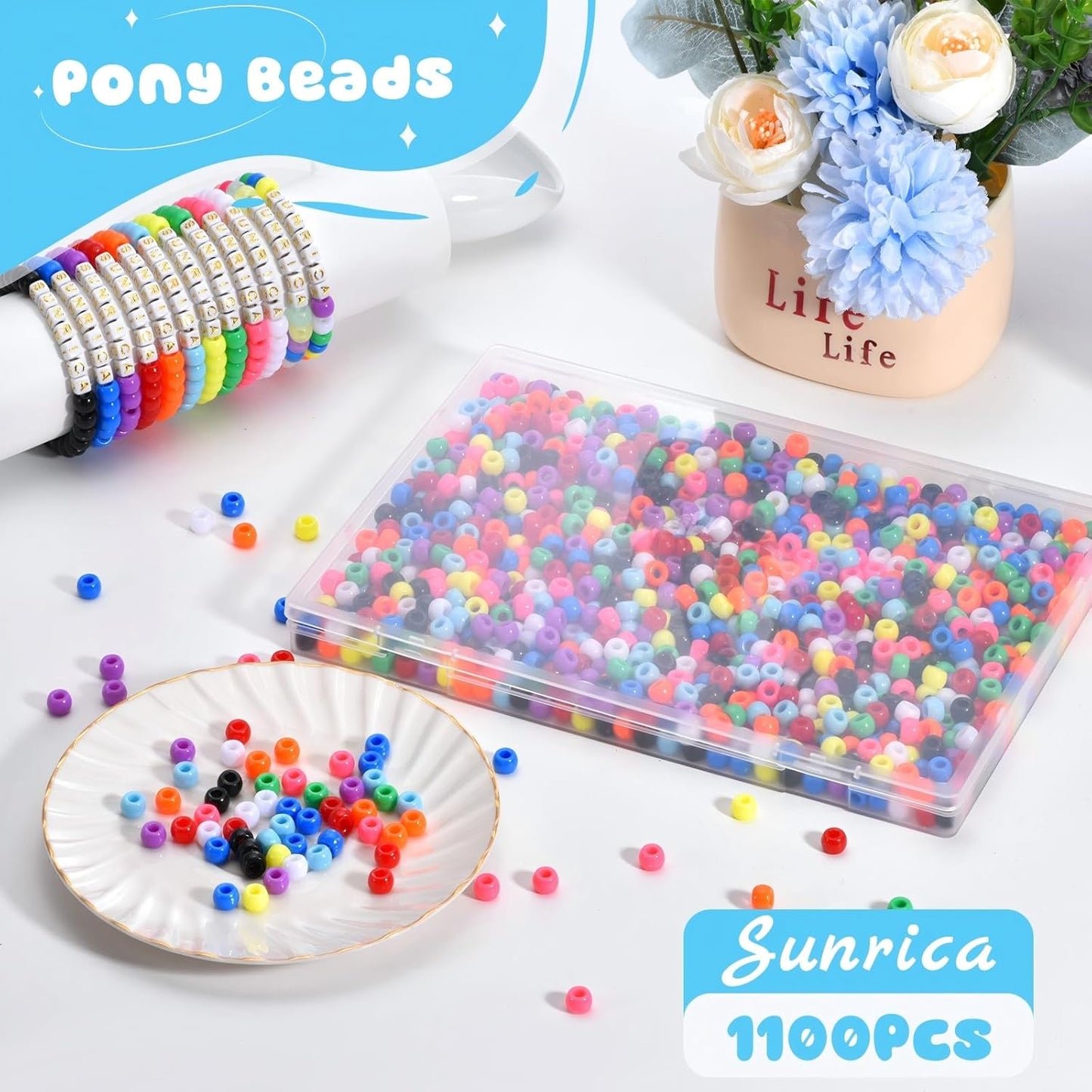 1100Pcs Red Pony Beads 6x9mm Large Hole Plastic Hair Beads for Braids, Kandi Bracelets, Keychains, Jewelry Making