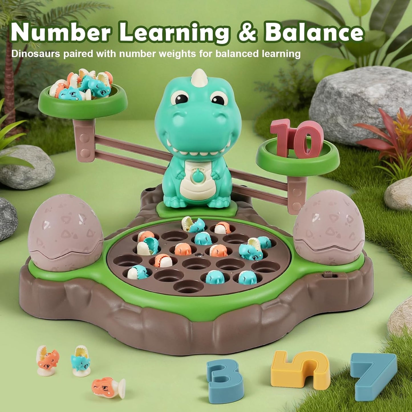 Magnetic Dinosaur Fishing Game for Kids, Best Birthday Gift for 3-5 5-7 Year Old Boys & Girls, 2-in-1 360° Rotation Fishing Toy with Balance Scale & Counting, Player Board Game for Toddlers