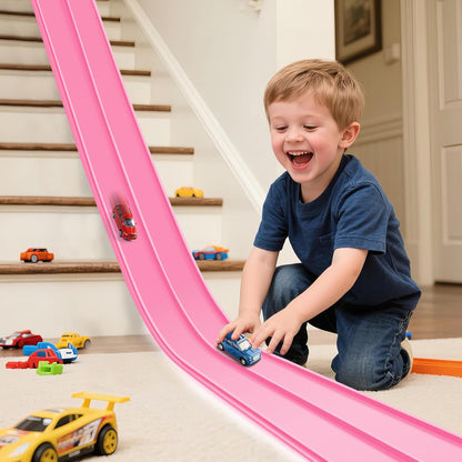Flex Tracks 15 Ft Starter Set Flexible Race Track for Kids 3+, Flexible Car Track Race Car Ramp Track Compatible with Diecast 1/64th Cars, Portable Rolls Up Race Tracks with Strong Suction Cups