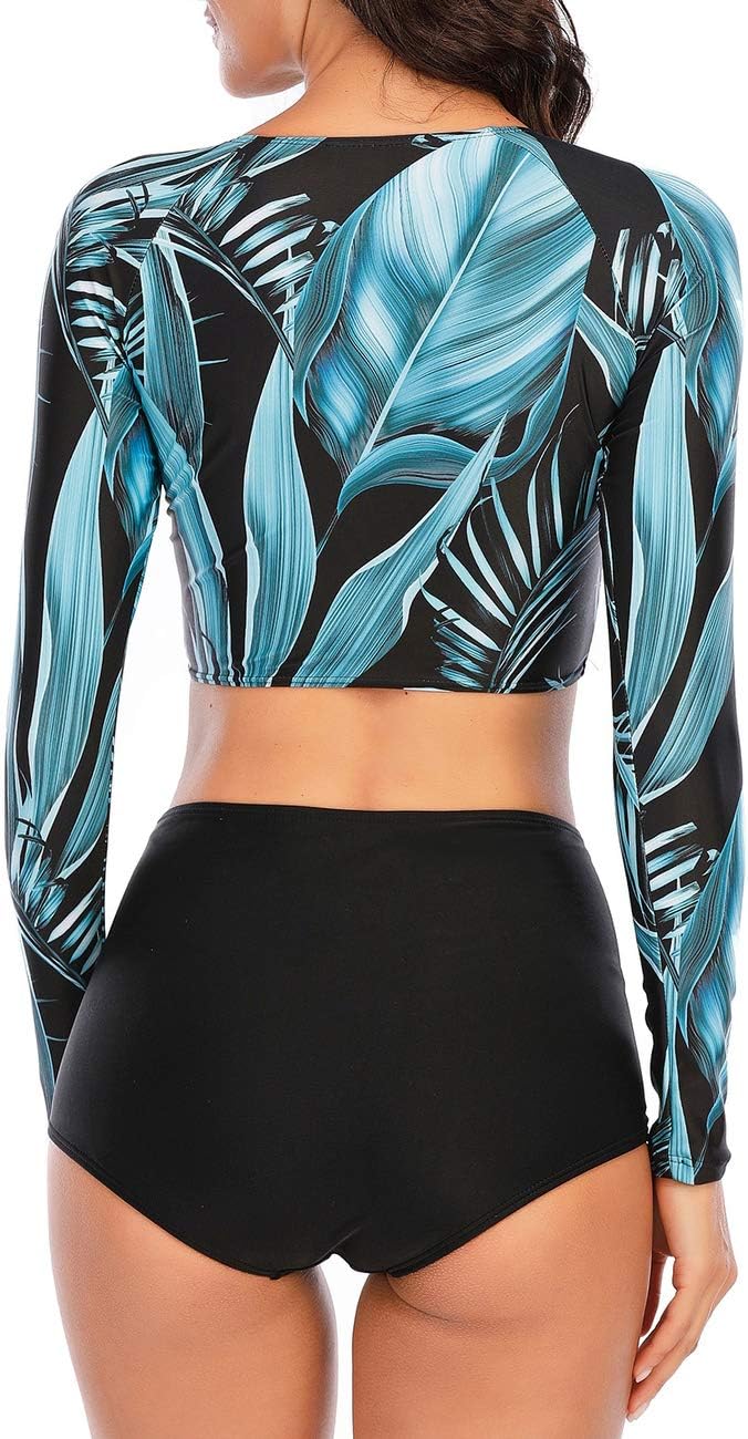 JadeRich Women's Fashion Pattern Long Sleeve Tankini Sets UPF 50+ Rash Guard Swimsuit Sun Block Swimwear