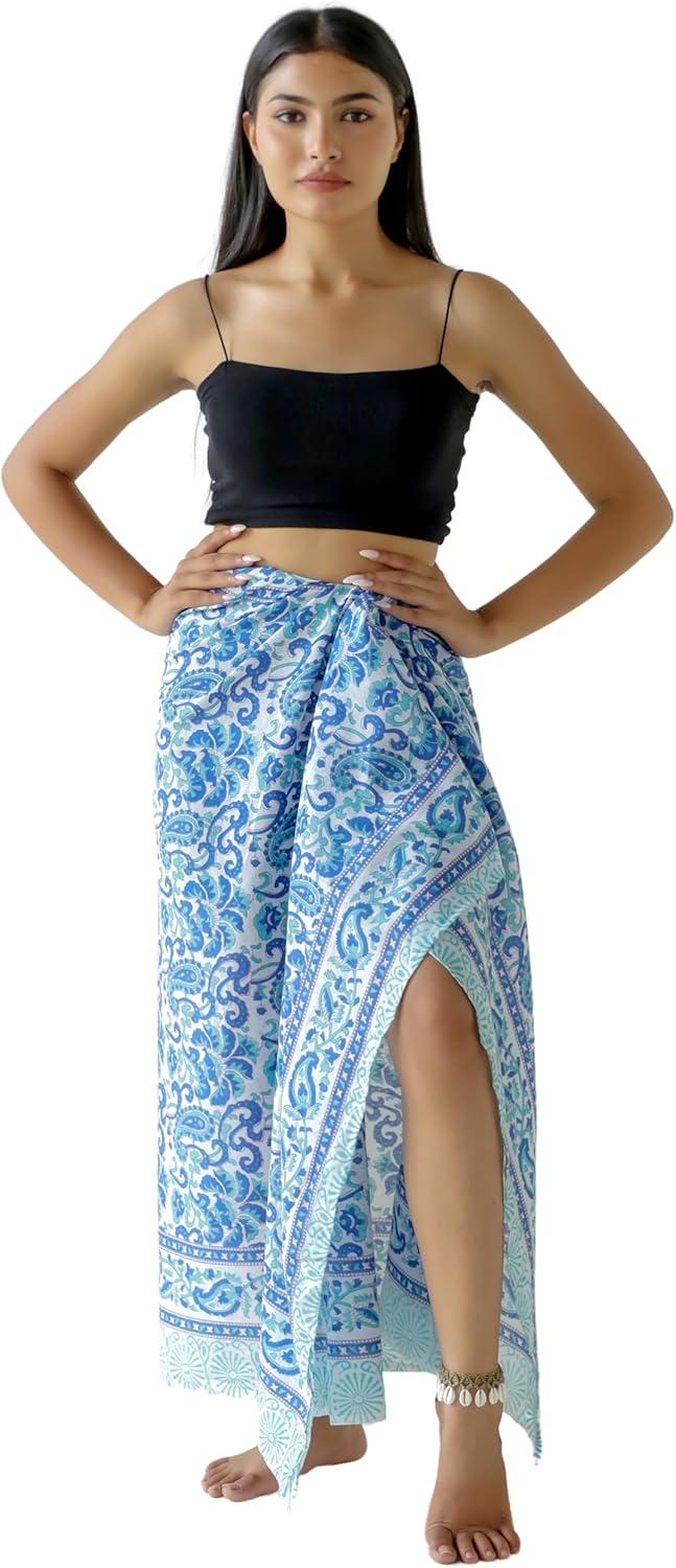100% Cotton Sarong Cover Up for Women Indian Block Print Beach Wrap Skirt Long Boho Swimsuit Bikini Pareo (73” x 43”)
