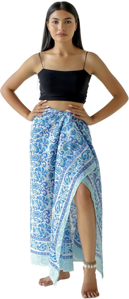 100% Cotton Sarong Cover Up for Women Indian Block Print Beach Wrap Skirt Long Boho Swimsuit Bikini Pareo (73” x 43”)