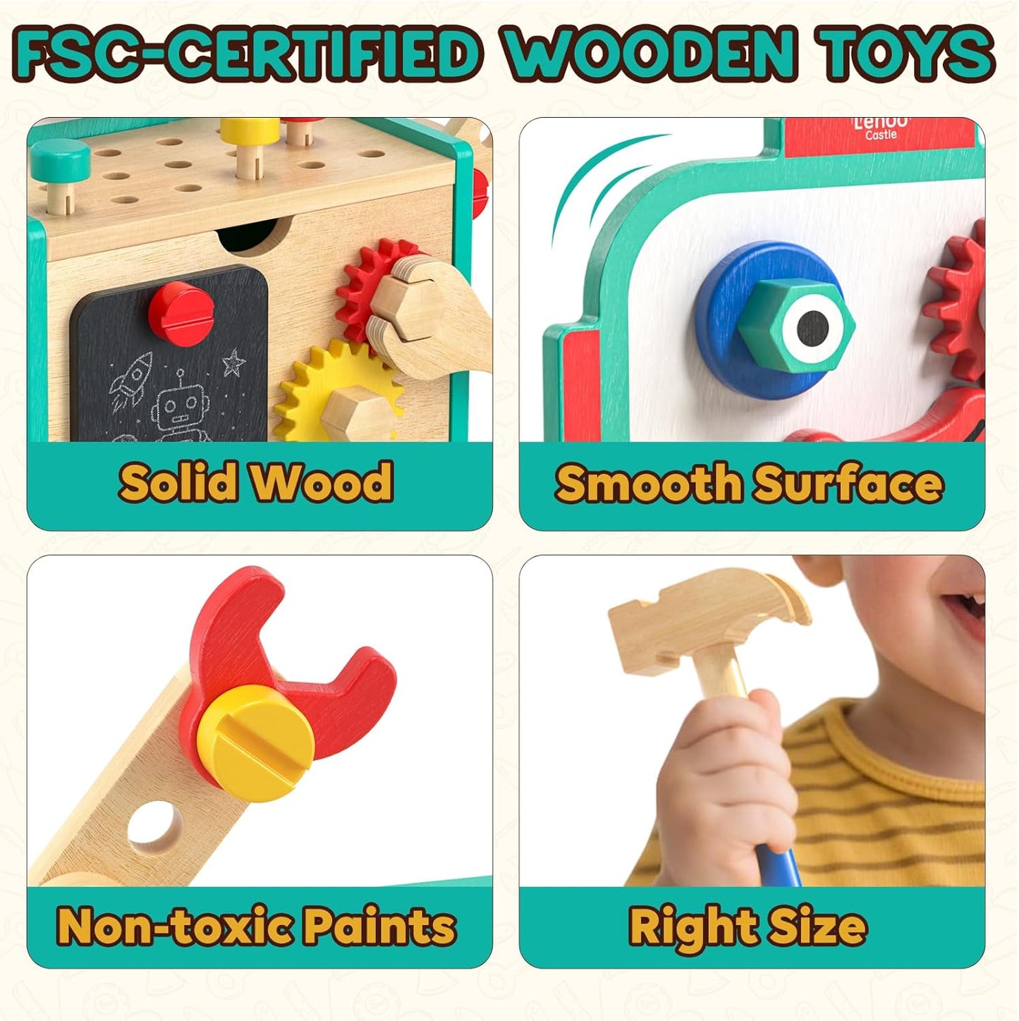 Lehoo Castle Kids Tool Set with Toolbox, Wooden Toys for 3 4 5 Years Old Boy Birthday Gift, Construction Play Tools, STEM Learning Toys for Preschooler, Pretend Play Gifts for Christmas