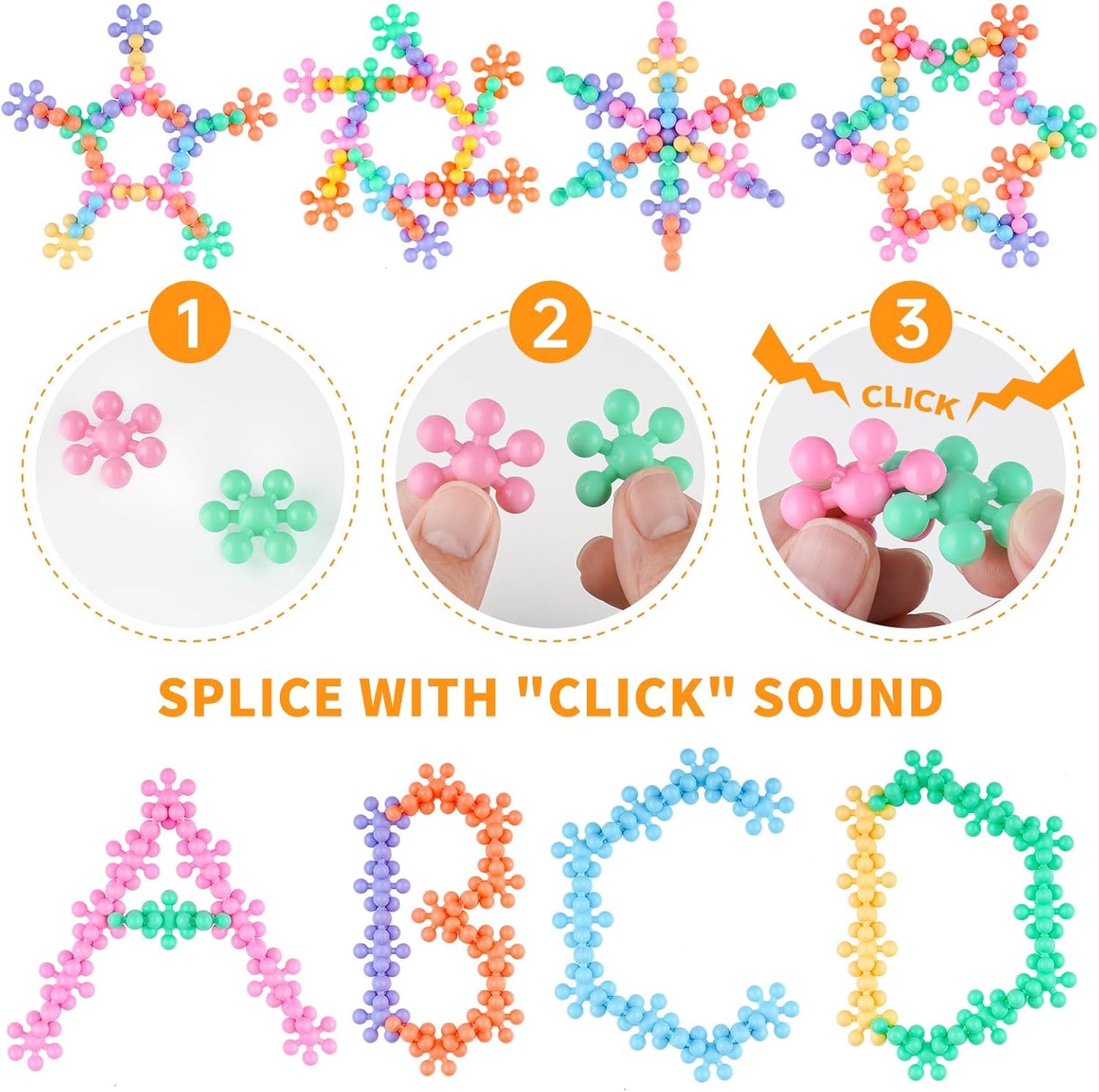 Snowflake Interlocking Building Block Educational Toy 300PCS for Kids Ages 3+, Multi-Color Solid Plastic Early Learning Creativity STEM Toy with Carrying Case Safe Material