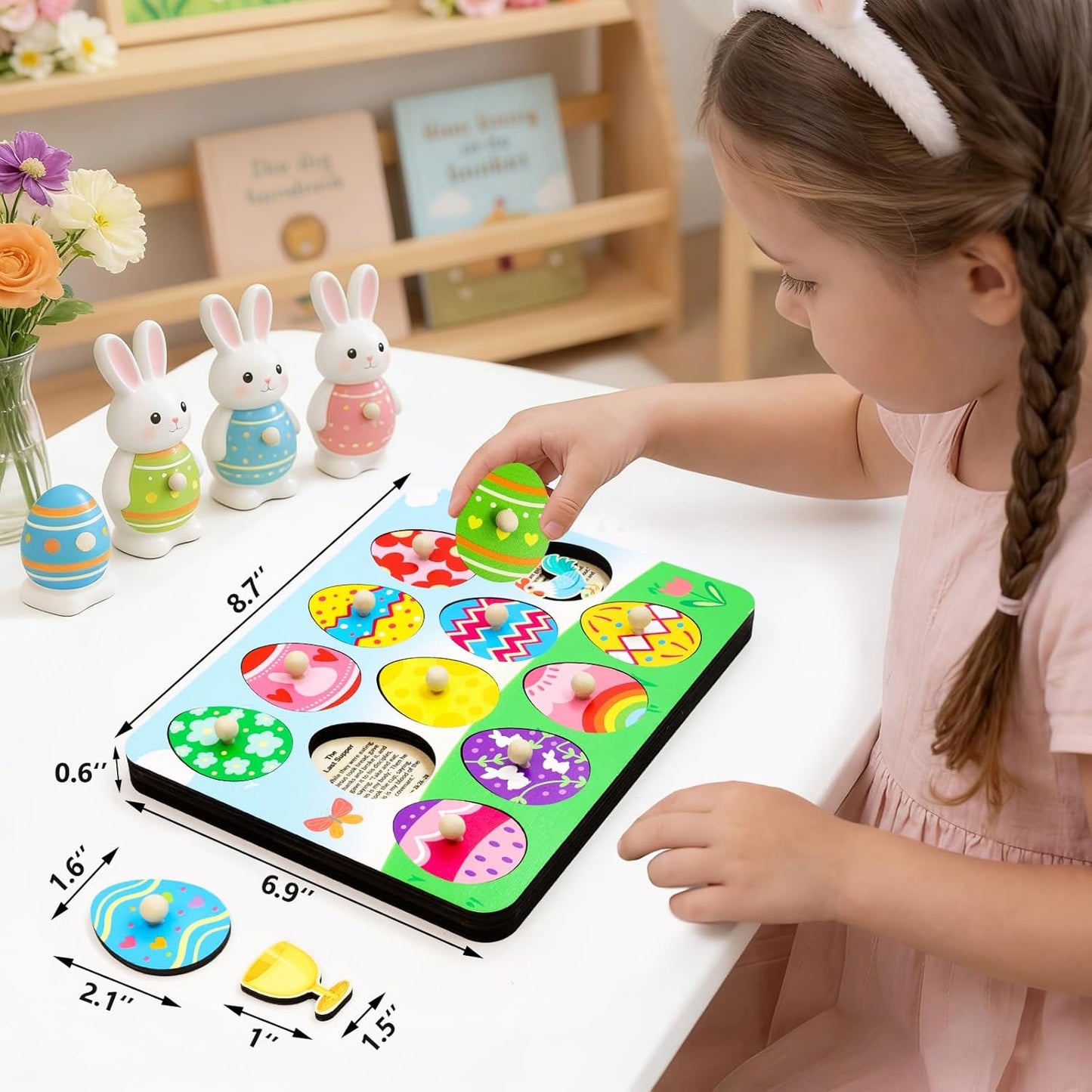 Fancy Land Easter Story Wooden Puzzle 12Pcs Religious Wood Eggs Peg Puzzle Set for Holy Week Christian Gifts Easter Basket Stuffers Sunday School Party Favor Church Activity Classroom Game Supplies