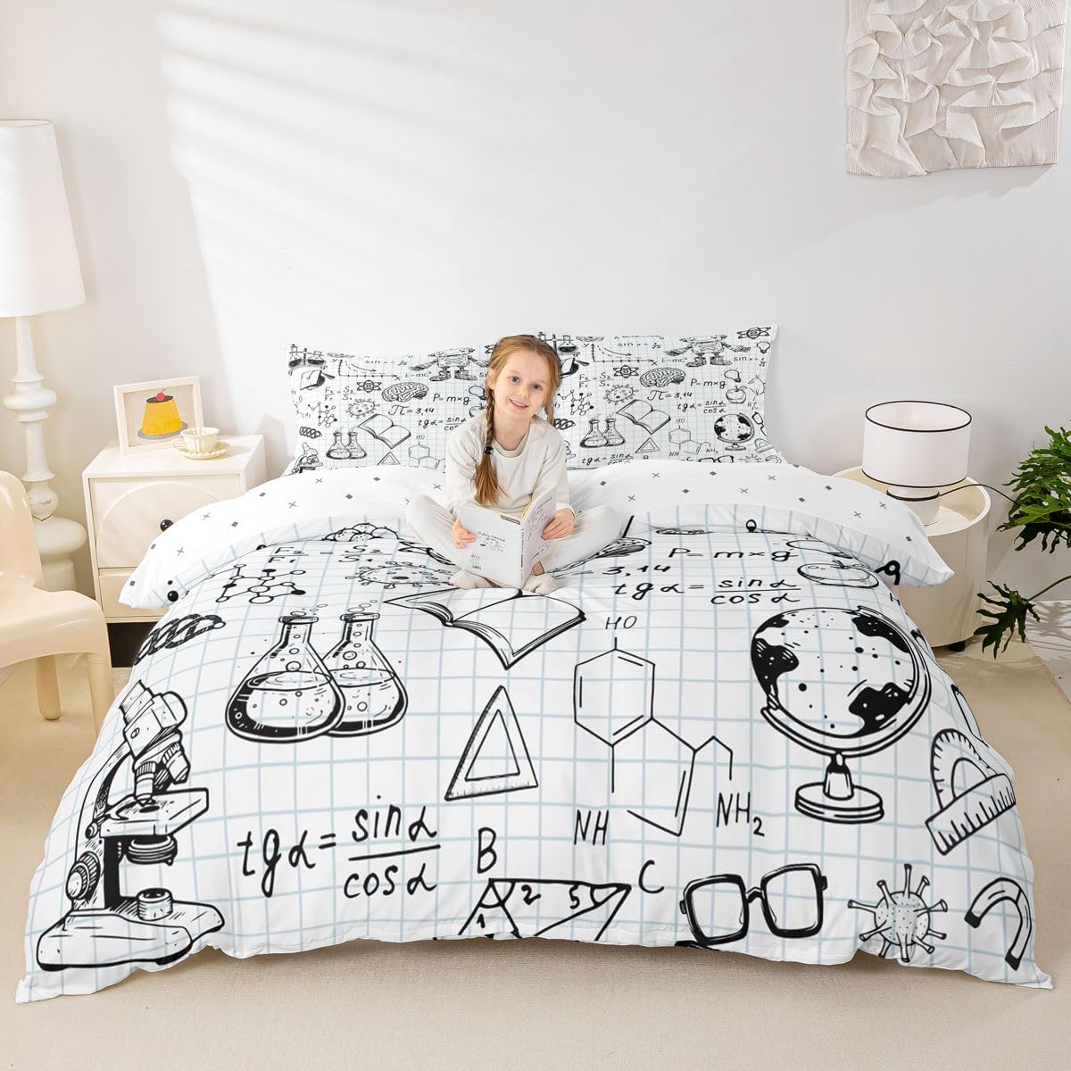 Feelyou Cute Robot Bedding Set for Girls Boys Children Math Chemistry Subject Comforter Cover Black White Grid Plaid Duvet Cover Room Decor Physical Formula Bedspread Cover Full Size 3Pcs