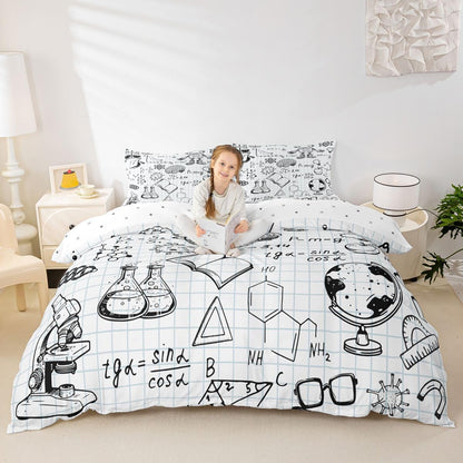 Feelyou Cute Robot Bedding Set for Girls Boys Children Math Chemistry Subject Comforter Cover Black White Grid Plaid Duvet Cover Room Decor Physical Formula Bedspread Cover Full Size 3Pcs