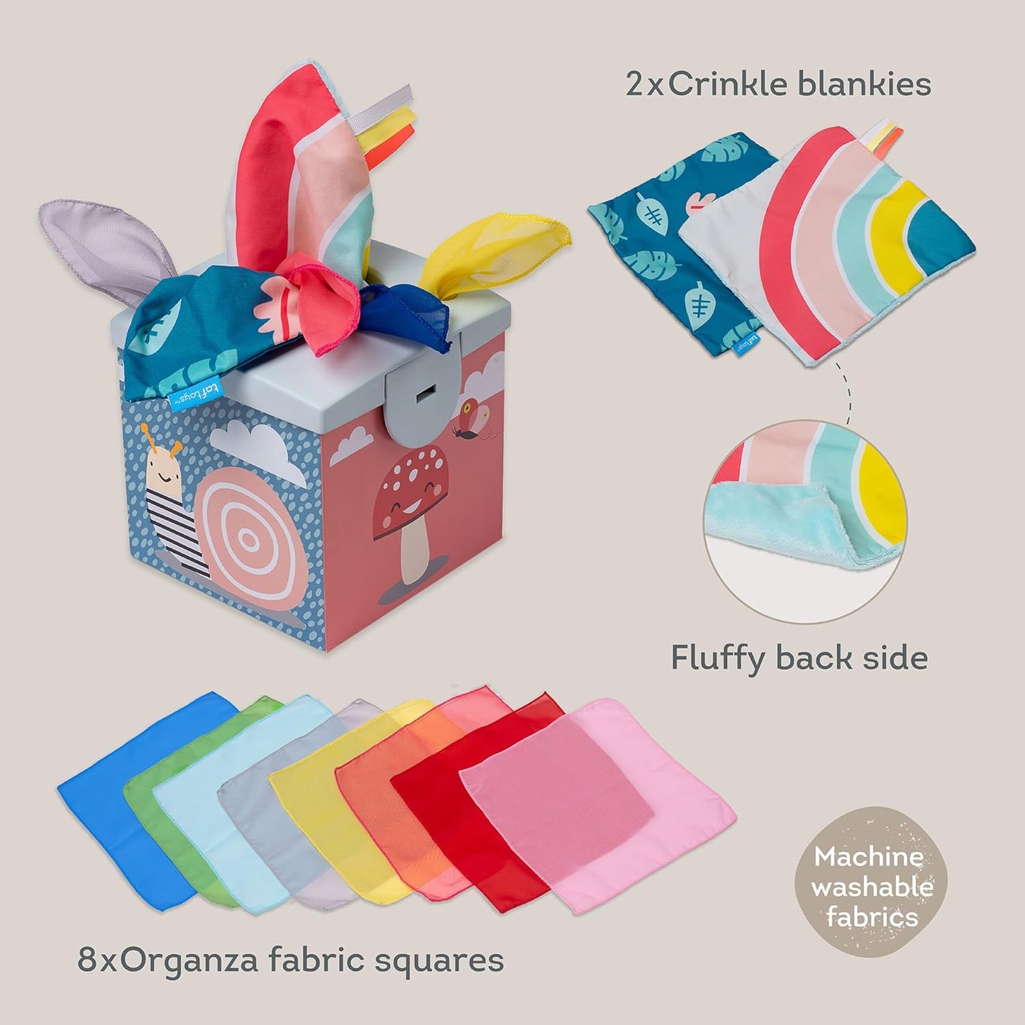 Taf Toys Baby Tissue Box Toy Silicone Baby Toys 6-12 Months Montessori Toys Sensory Activity & 10 Tissues for Fine Motor Development Soft Interactive Silicone Learning Cube for 1 Year Old Toddlers