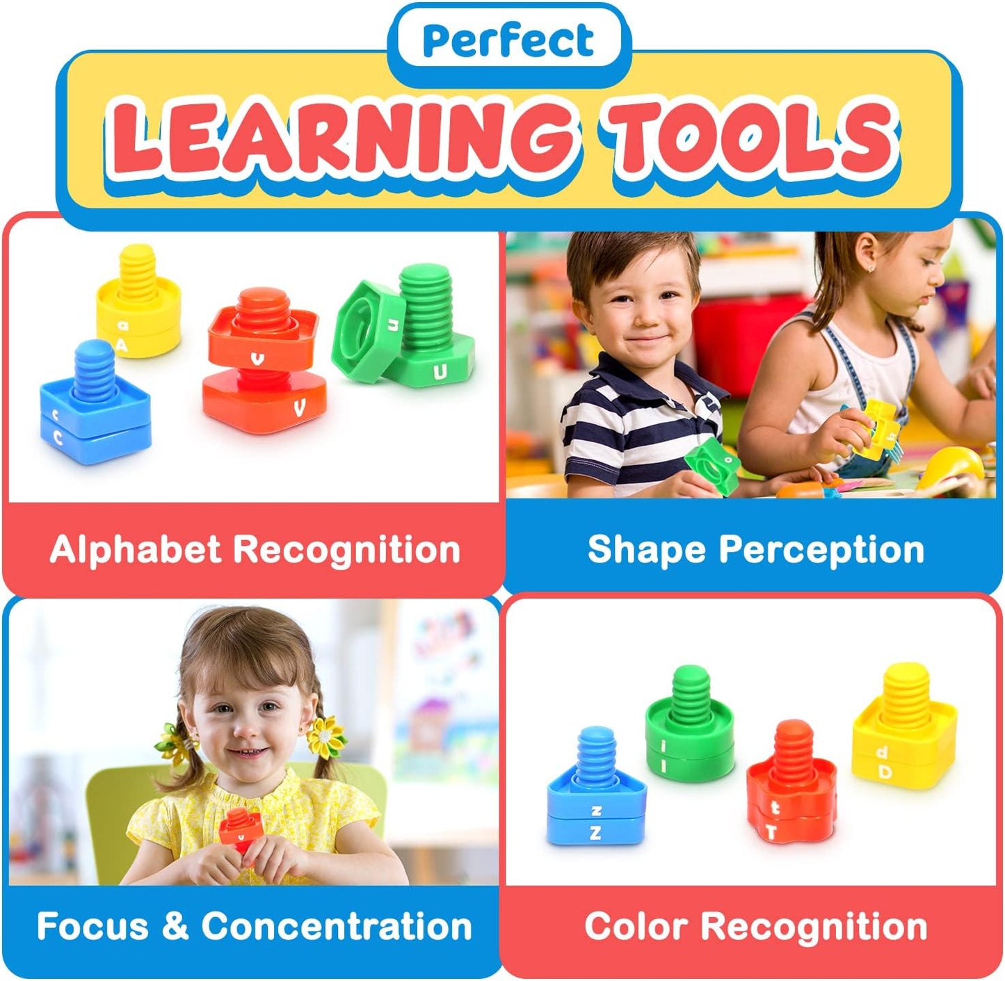 Letters Learning Matching Game | Preschool Toys Set for Toddlers | 26 Alphabet Learning Toys with 52 pcs Nuts and Bolts Sorting & Stacking Toys, ABC learning Educational Montessori Toy for Kids