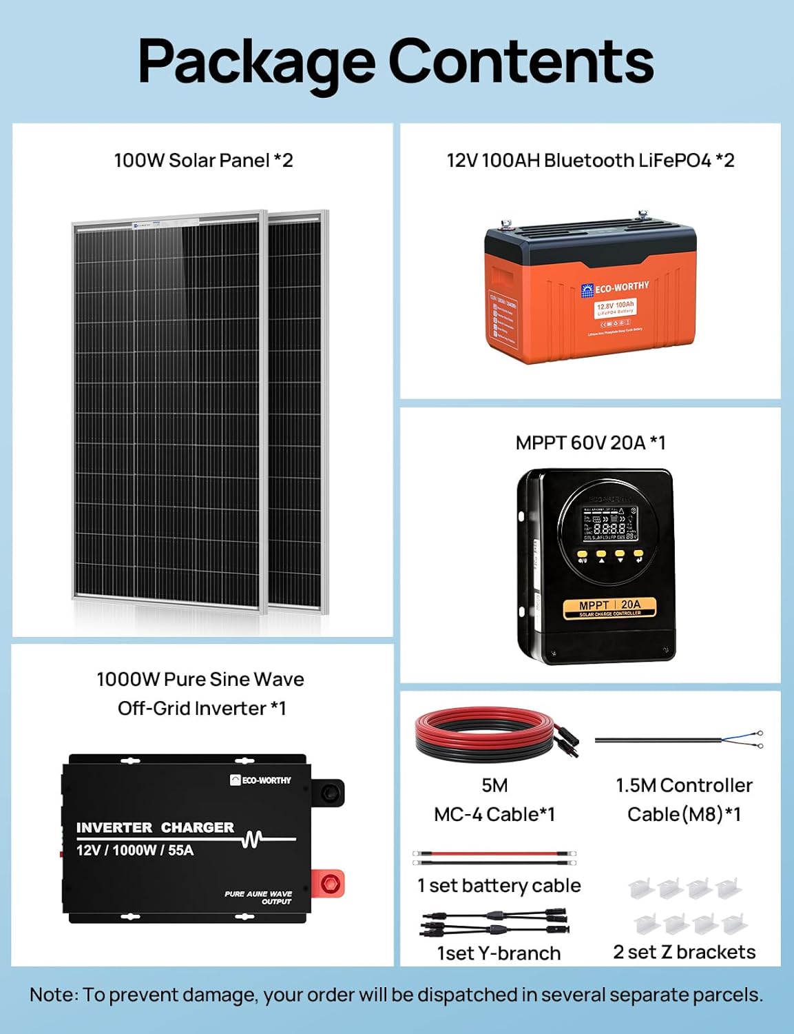 ECO WORTHY 12V 200W Solar Panel kit with Battery and Inverter for RV Off Grid:2PCS 100W Solar Panel,2PCS 12V 100Ah Lithium Battery with SOC Display,1000W Inverter,20A MPPT Controller with Bluetooth