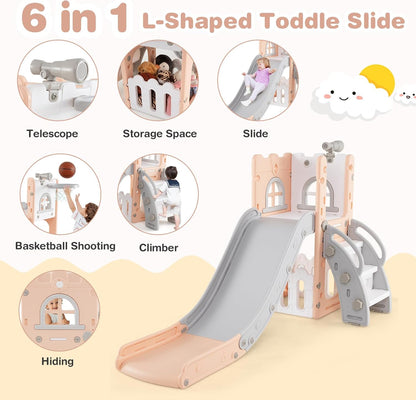 HONEY JOY Toddler Slide, 6 in 1 Freestanding Slide for Kids, Indoor Outdoor Castle Climber Playset Gym w/Basketball Hoop, Ball, Telescope, Storage, Playground Baby Slide for Boys Girls (Blue)
