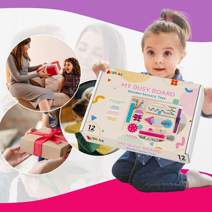 Montessori Busy Board for Toddlers, Wooden Sensory Toys, Preschool Learning Activities for Fine Motor Skills Travel Toy, Basic Life Skills Educational Gifts for 1 2 3 Years Old Kids Boys Girls