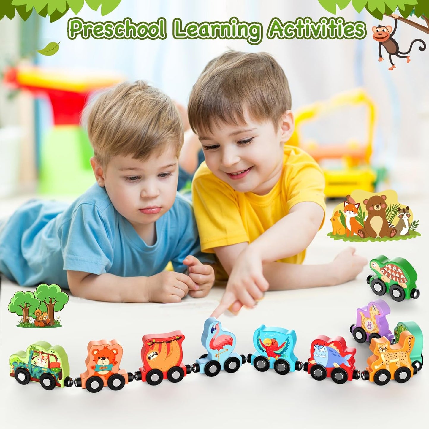 Zeoddler Toys for Toddlers, 11 Magnetic Wooden Animals Train Set, Montessori Toys for Toddlers, Preschool Learning Activities for Kids, Birthday Gifts for Boys, Girls