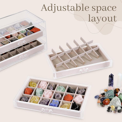 Bfttlity Acrylic Rock Display Case,54 Grids Rock Collection Box for Kids with Mini Magnifying Glass and Gloves, Clear Display Cases for Stones Collectibles Gemstone Crystals Storage Boxes