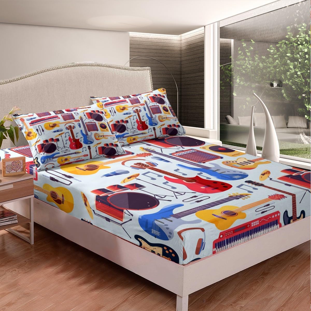 Manfei Musical Kids Fitted Sheet Full Size, MusicalGuitar Radio Drum Kit Headset Print Bedding Set 3pcs for Boys Girls, Rock Music Bed Cover with 2 Pillowcases, Soft Polyester Bedding, No Top Sheet