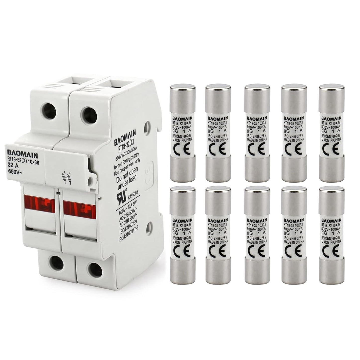 Baomain RT18-32 Fuse Holder Base with 10x20A Ceramic Fuses (10x38mm) – 2 Pole DIN Rail Mount, LED Indicator, CE Certified (20 Amp)