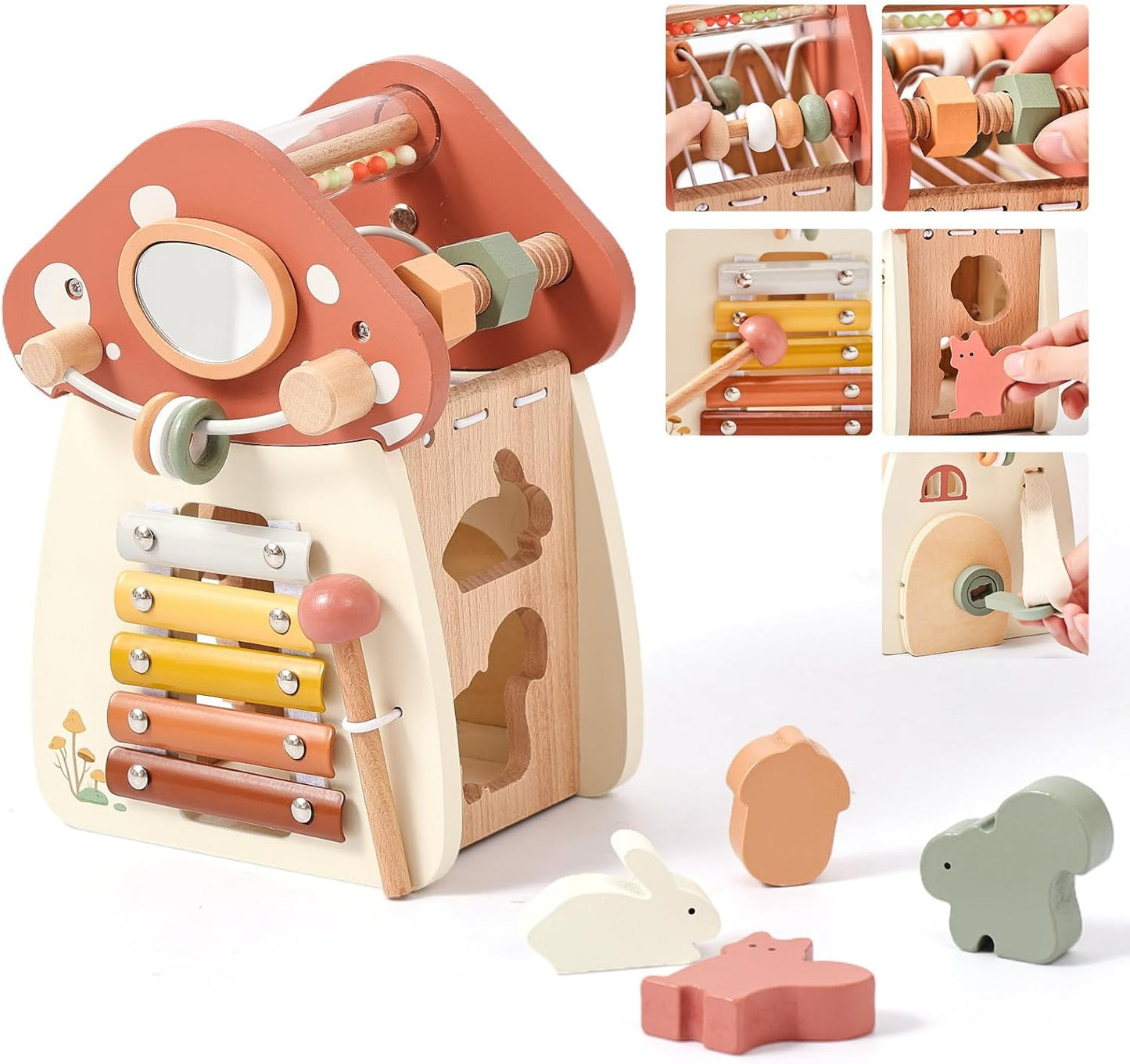 Youuys Wooden Activity Cube 9-in-1 Montessori Toys for 3+ Year Old Boys & Girls, Multipurpose Educational Sensory Learning Toys for Baby Toddlers with Mirror, First Birthday Gift (Castle)