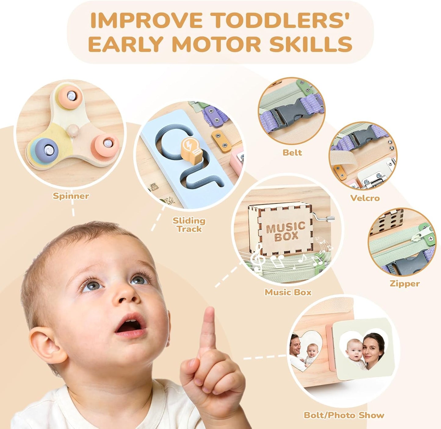 Sanlebi LED Busy Board for Toddlers 1-3,Montessori Toy with Key Switch, Light Up Wood Activity Sensory Board for Fine Motor Skills, Educational Travel Toy Gift for 1 2 3 Year Old Boys Girl