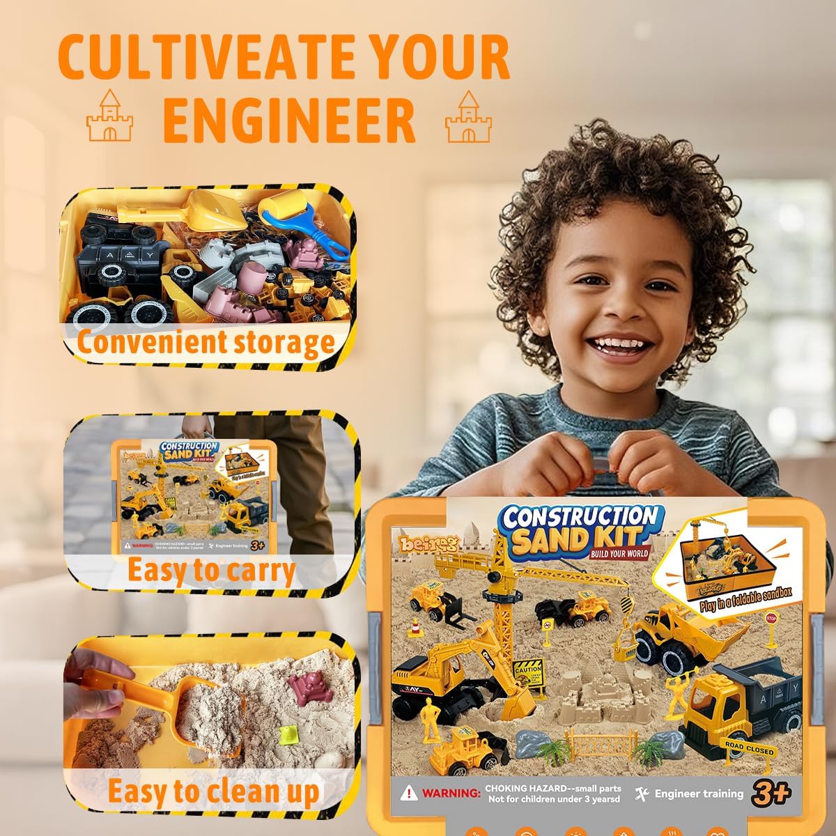 Construction Sensory Sand Kit - 42 PCS Building Set with 2lbs Magic Sand, 9 Construction Trucks, Foldable Roof Sandbox, Cranes, Road Signs & Tools | STEM Gift for Boys Ages 3-8