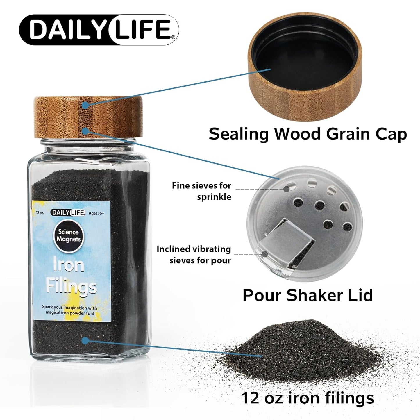 DAILYLIFE Magnetic Sand Iron Filings for Science, 12 Ounces of Iron Powder in Glass Bottles with Shaker Holes and Lid, 1 Pack Iron Oxide Powder for Education and School Projects, Metal Powder