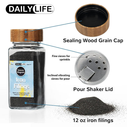 DAILYLIFE Magnetic Sand Iron Filings for Science, 12 Ounces of Iron Powder in Glass Bottles with Shaker Holes and Lid, 1 Pack Iron Oxide Powder for Education and School Projects, Metal Powder
