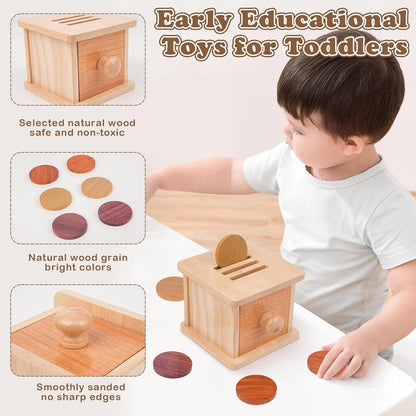 Adena Montessori Coin Box -Natural Wood Double-Sided Object Permanence Box Toy for 1-Year-Old Babies, Wooden Montessori Developmental Toy for 6-12 Month, Early Learning Gift