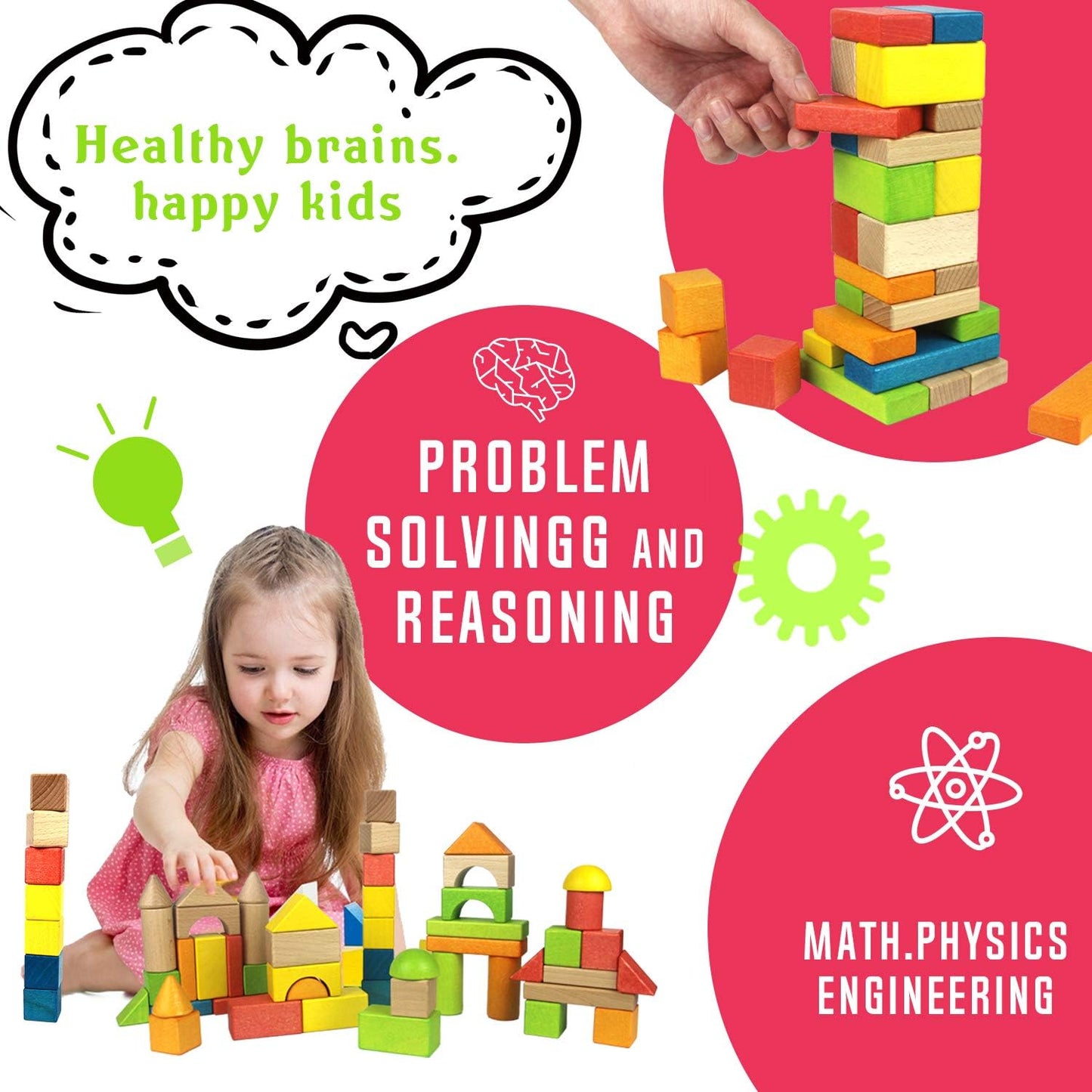 Migargle Wooden Building Blocks Set for Kids - Stacker Stacking Game Construction Toys Set Preschool Colorful Learning Educational Toys - Geometry Wooden Blocks for 3+ Year Old Boys & Girls