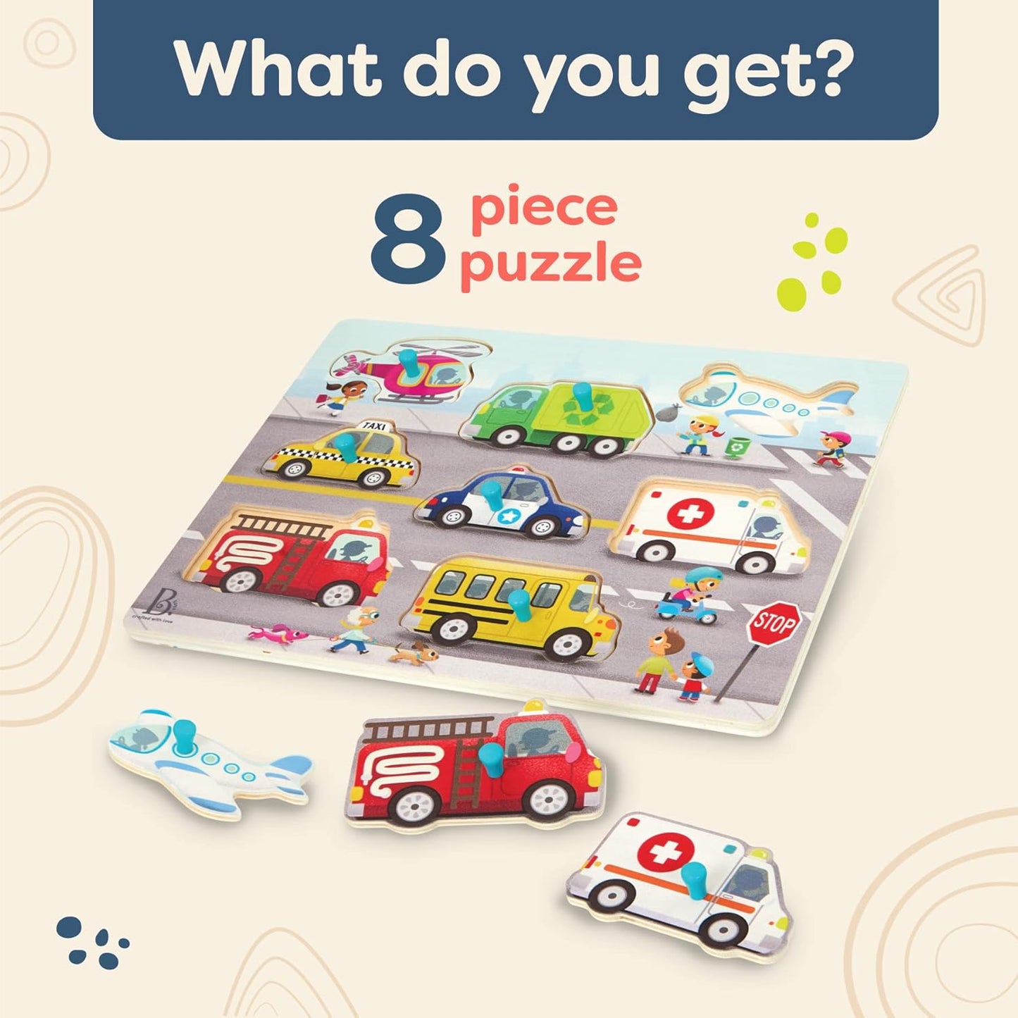 B. toys – Peek & Explore – Vehicles – Wooden Peg Puzzle for Toddlers, Kids – 8 Pieces – Fire Truck, Airplane, Taxi & More – 2+ Years
