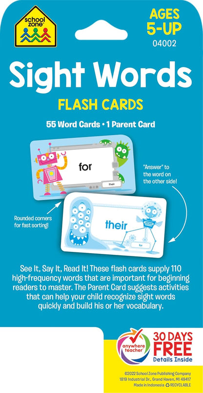 School Zone Sight Words Flash Cards: 56 Cards, Kindergarten, 1st Grade, Phonics, Beginning Reading, Sight Reading, Early-Reading Words, Ages 5+