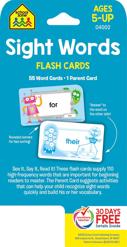 School Zone Sight Words Flash Cards: 56 Cards, Kindergarten, 1st Grade, Phonics, Beginning Reading, Sight Reading, Early-Reading Words, Ages 5+