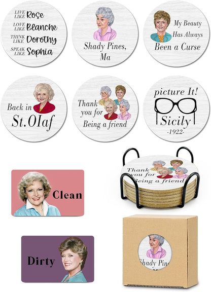 Golden Girls TV Show Merchandise,6 PCS Cork Coasters for Drinks,Funny Set with Coasters Holder,Golden Girls Fans Clean Dirty Dishwasher Magnet,Refrigerator Sign Kitchen Decor Gifts
