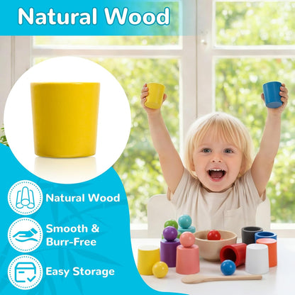 10 PCS Rainbow Balls in Cups, Mini Wood Classification Cup Game, Rainbow Sorting Balls with Spoon and Tongs, Preschool Learning Educational Montessori Matching Games for 3+ Year Old