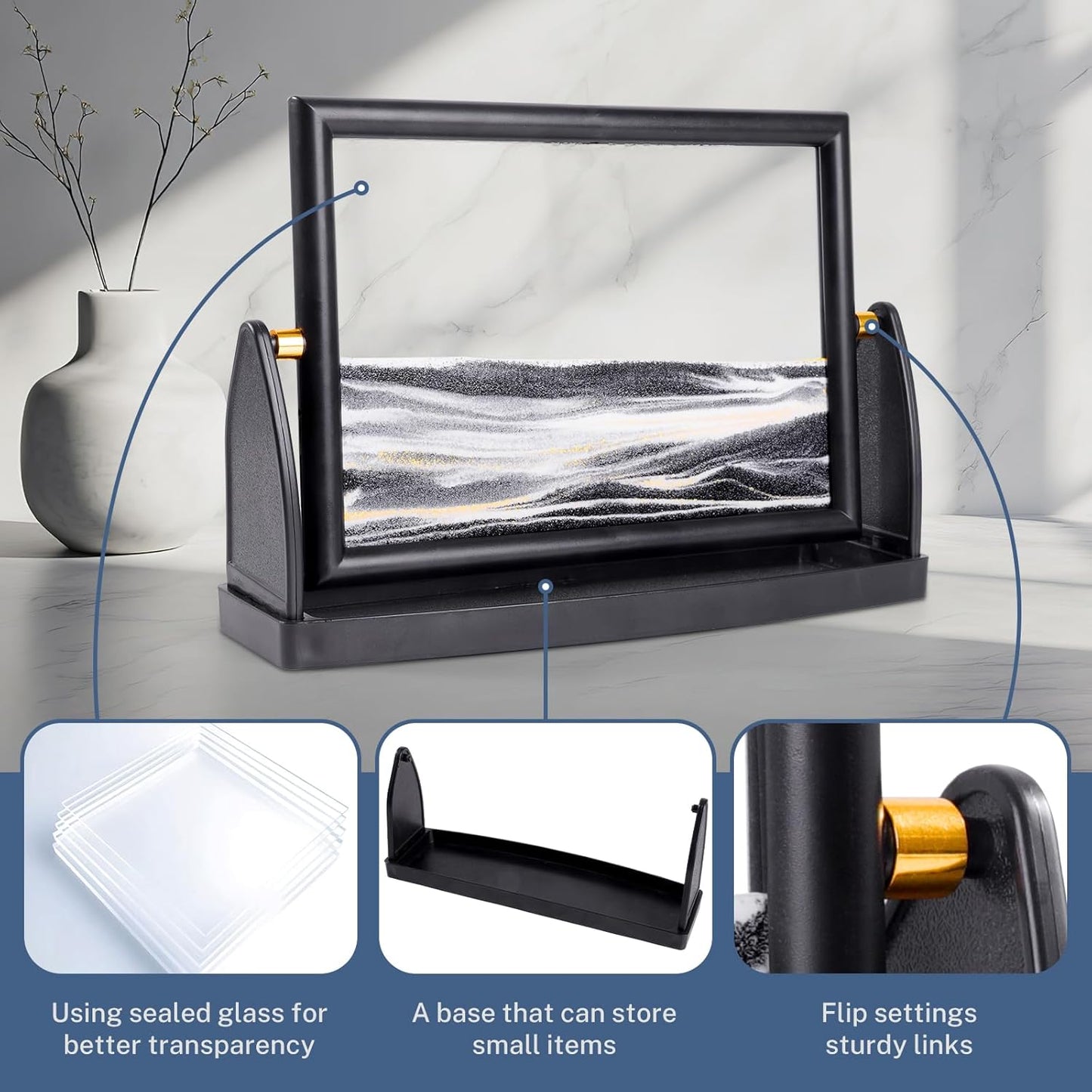 BOLGRLONG Moving Sand Art Liquid Motion 3D Dynamic Mountains Sandscape Painting, Square Glass Sands Painting with Easy-Flip Stand, Sensory Relaxing Decor for Home and Office (9") (Black)