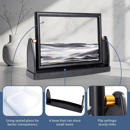 BOLGRLONG Moving Sand Art Liquid Motion 3D Dynamic Mountains Sandscape Painting, Square Glass Sands Painting with Easy-Flip Stand, Sensory Relaxing Decor for Home and Office (9") (Black)