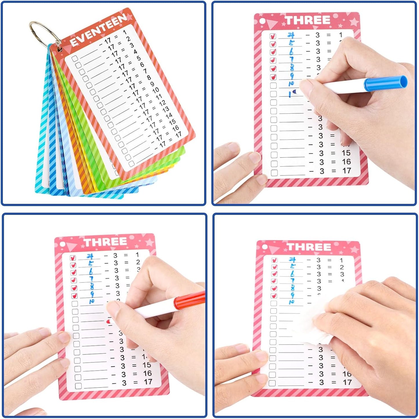 17 Pcs Addition Flashcards 0-16, Times Table Flash Cards with 2 Dry Erase Markers 2 Rings for Kids 1st to 3rd Grades Multiplication Game Supplies