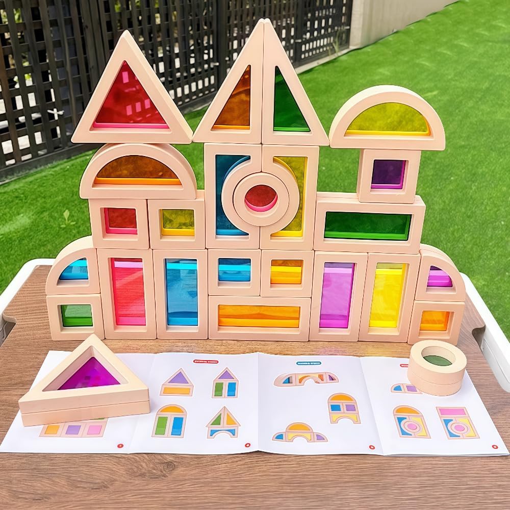 Rainbow Sensory Toys Blocks,15 Pcs Large Wooden Building Blocks for Toddlers Baby Kids,Colorful Geometric Stacking Toys, Preschool Educational Toy Set