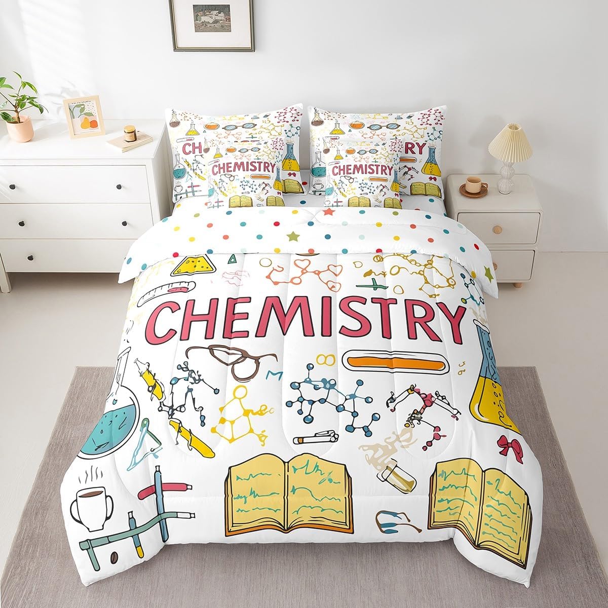 Erosebridal Chemical Equation Bed in a Bag Queen Comforter Set 7 Piece,Chemistry Bedding Sets Science Students Learning Gift Sheet Set with Comforter,Molecular Formula Education Bed Set - Colors B